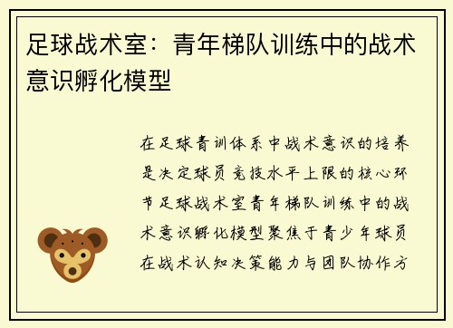 足球战术室：青年梯队训练中的战术意识孵化模型