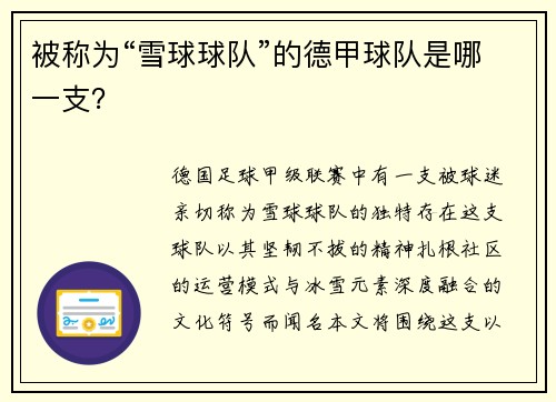 被称为“雪球球队”的德甲球队是哪一支？
